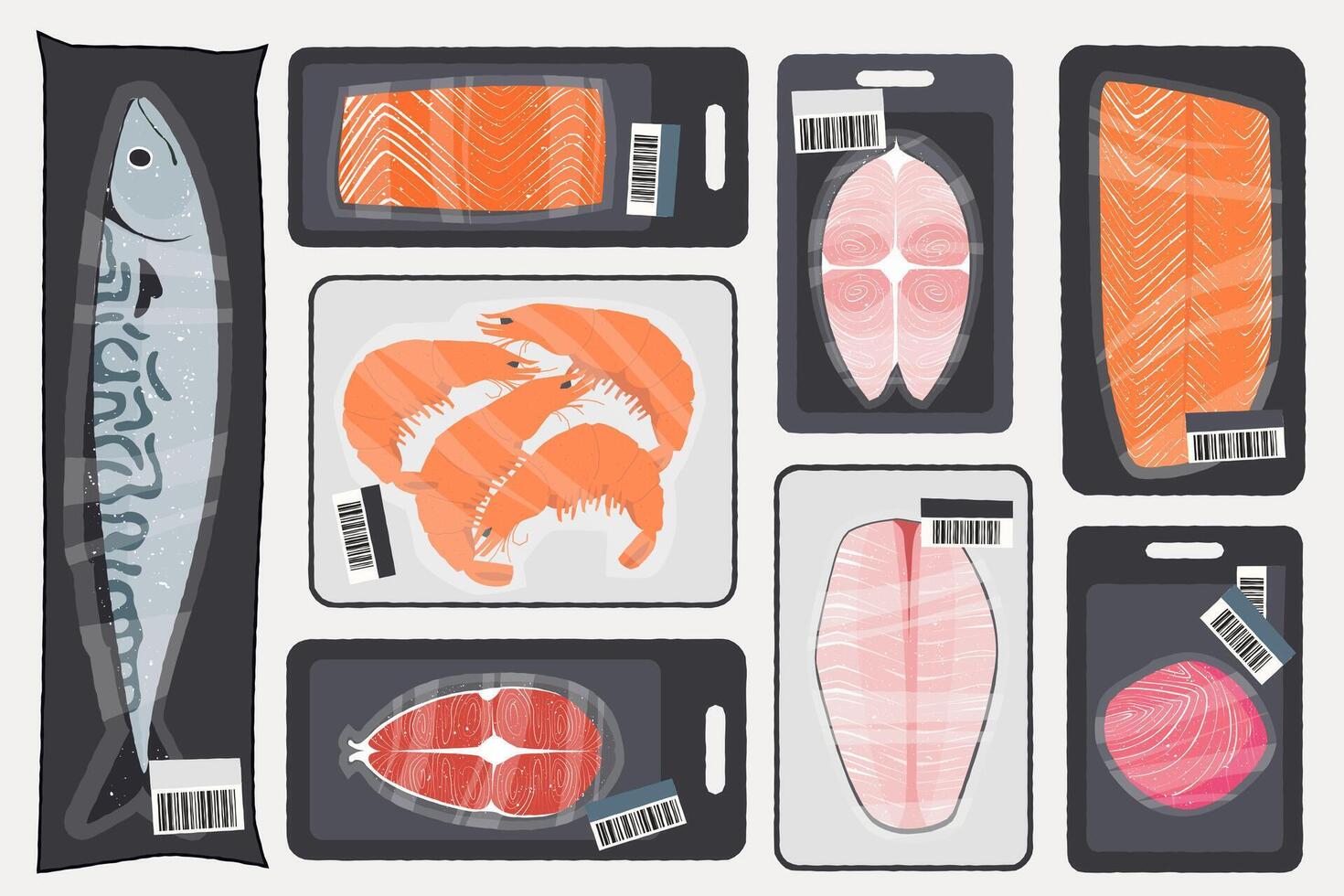 Frozen seafood package. Cartoon plastic trays vacuum bags with fish prawns squid octopus, supermarket grocery storage products with polyethylene film wrap. sea products isolated set vector