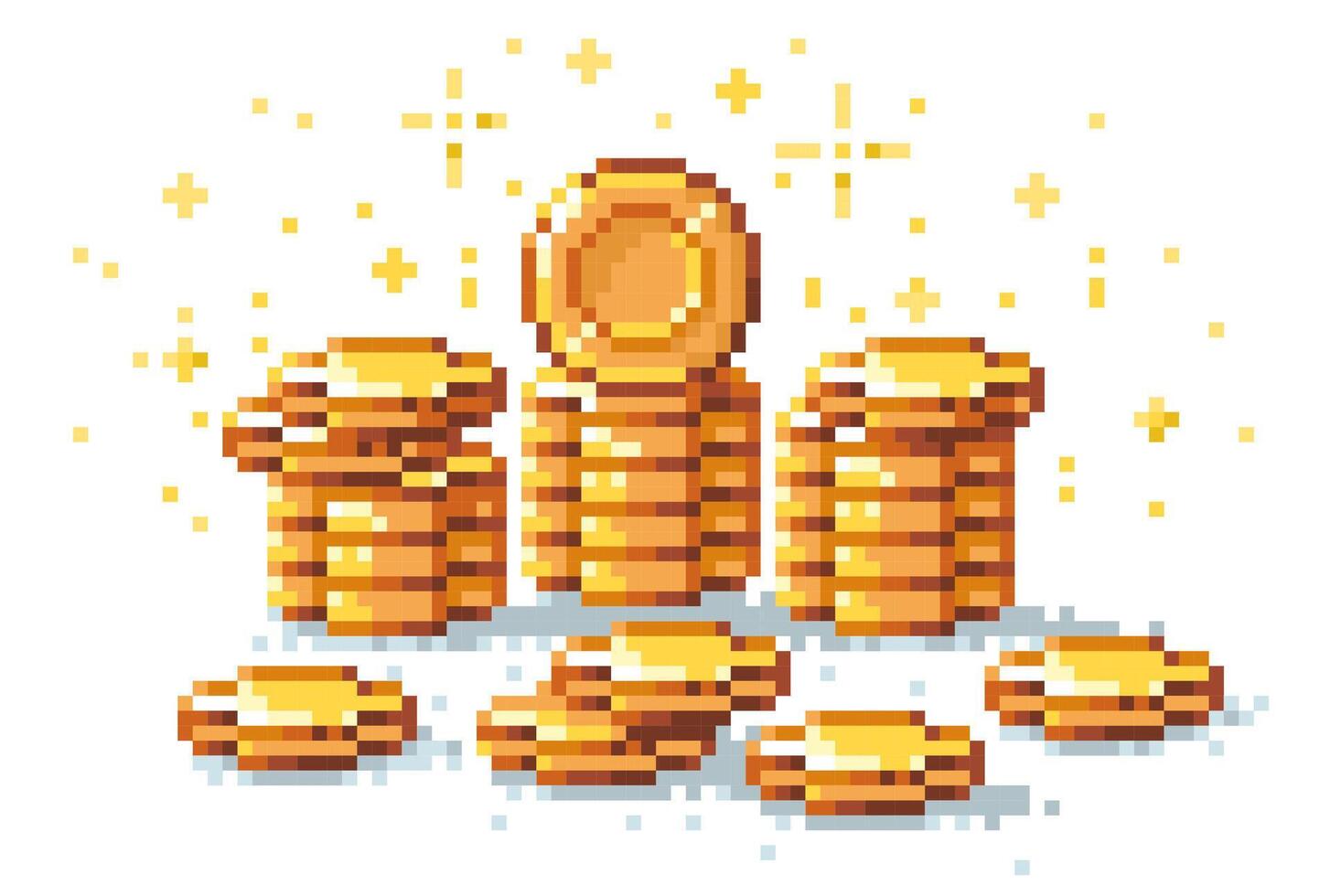 Pixel coins stack. Retro 8 bit game golden coin pile, 2D sprite asset for arcade game design. isolated collection of money heap. Investment, banking and fortune, prize gambling concept vector