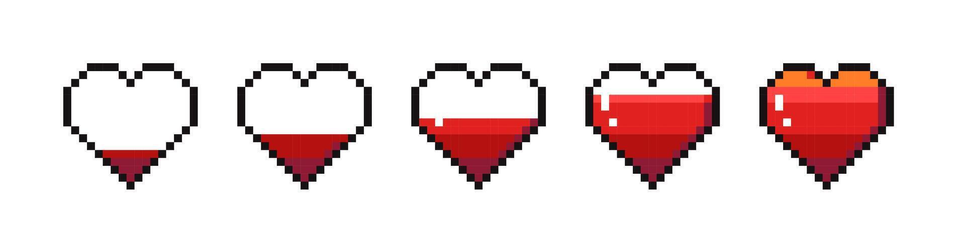 Pixel life bar heart icons. Retro game health bar energy meter, gamer life and mana energy, retro 8 bit console game heart design. set. Lovers like level isolated symbol vector