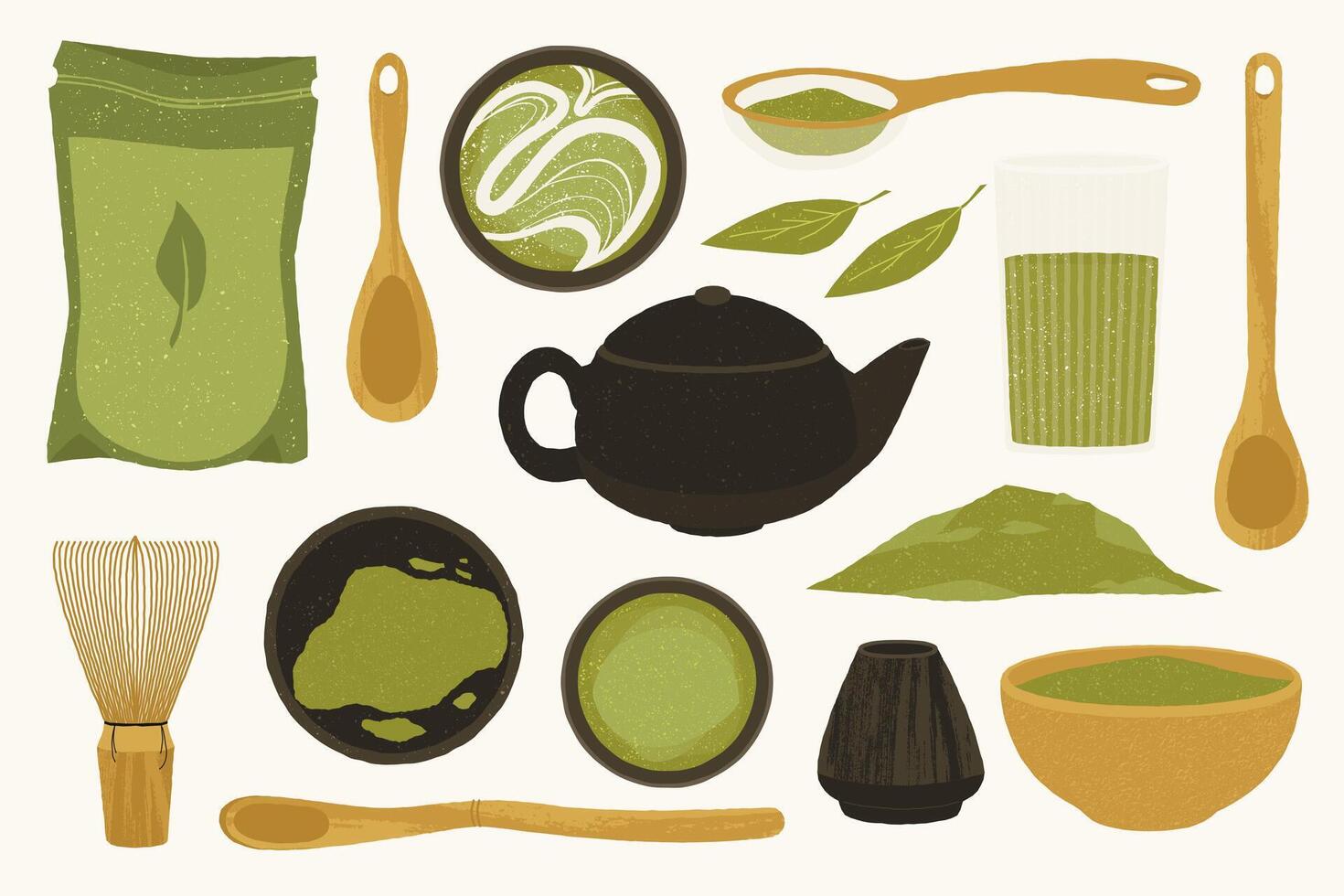 Cartoon matcha. Green tea powder in ceramic bowl, traditional japanese tea ceremony concept with teapot, matcha leaves and whisk. isolated set vector