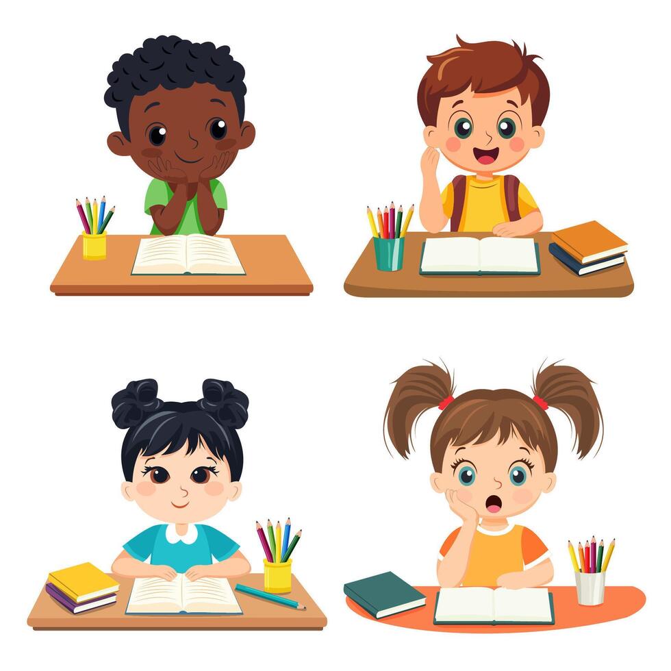 Back to school. Children at school are sitting at their desks. vector