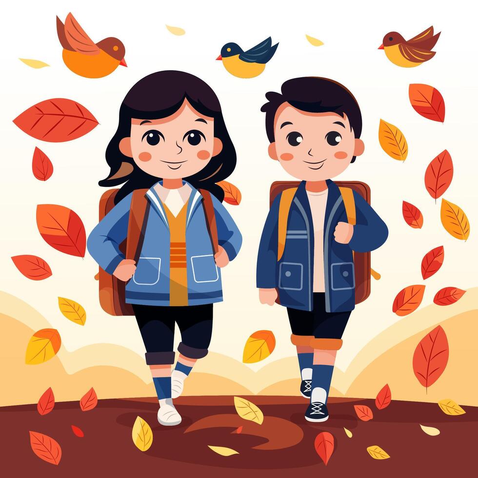 Girl and boy go to school, they have school bags Around the bird, autumn leaves vector