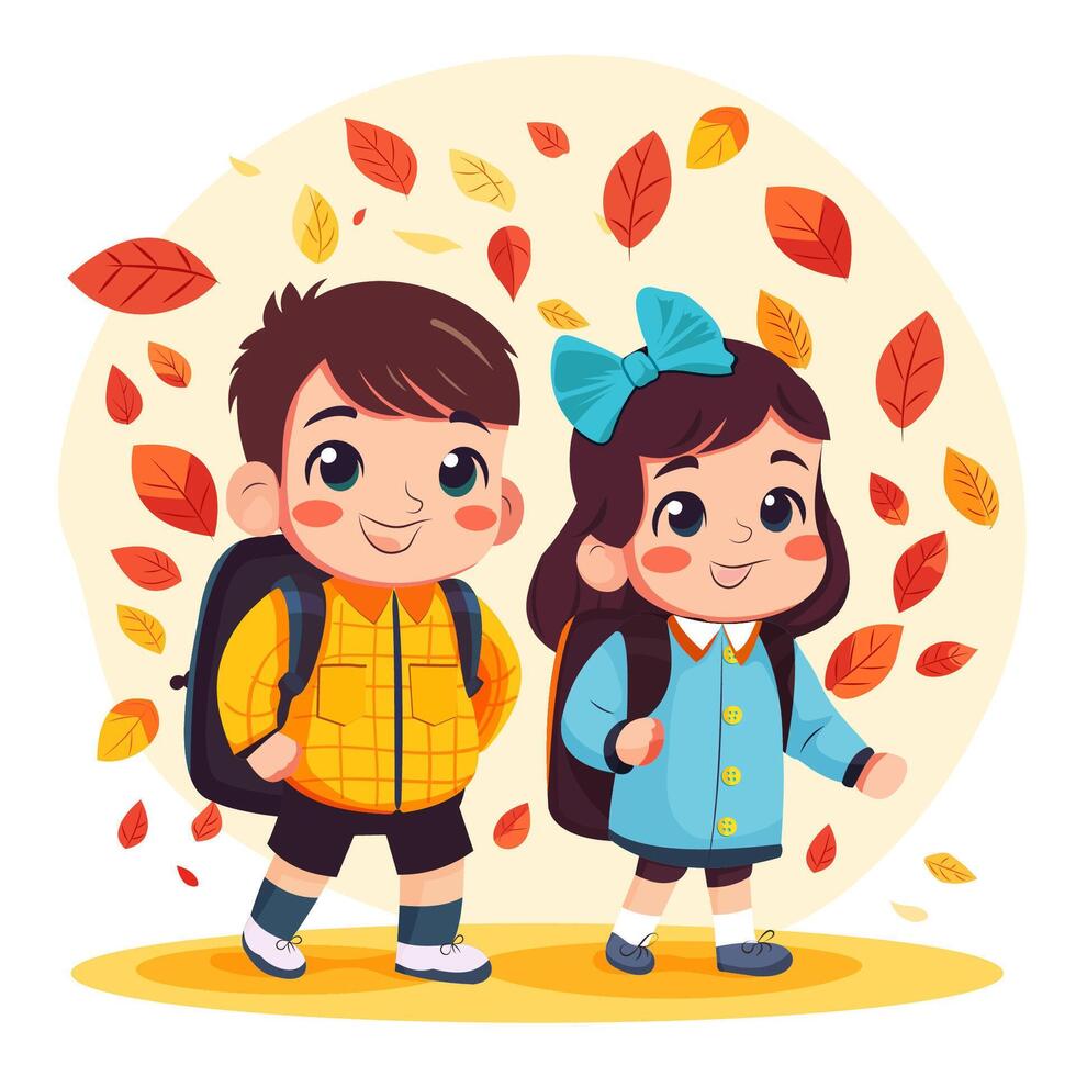 Happy funny little girl and boy go to school vector