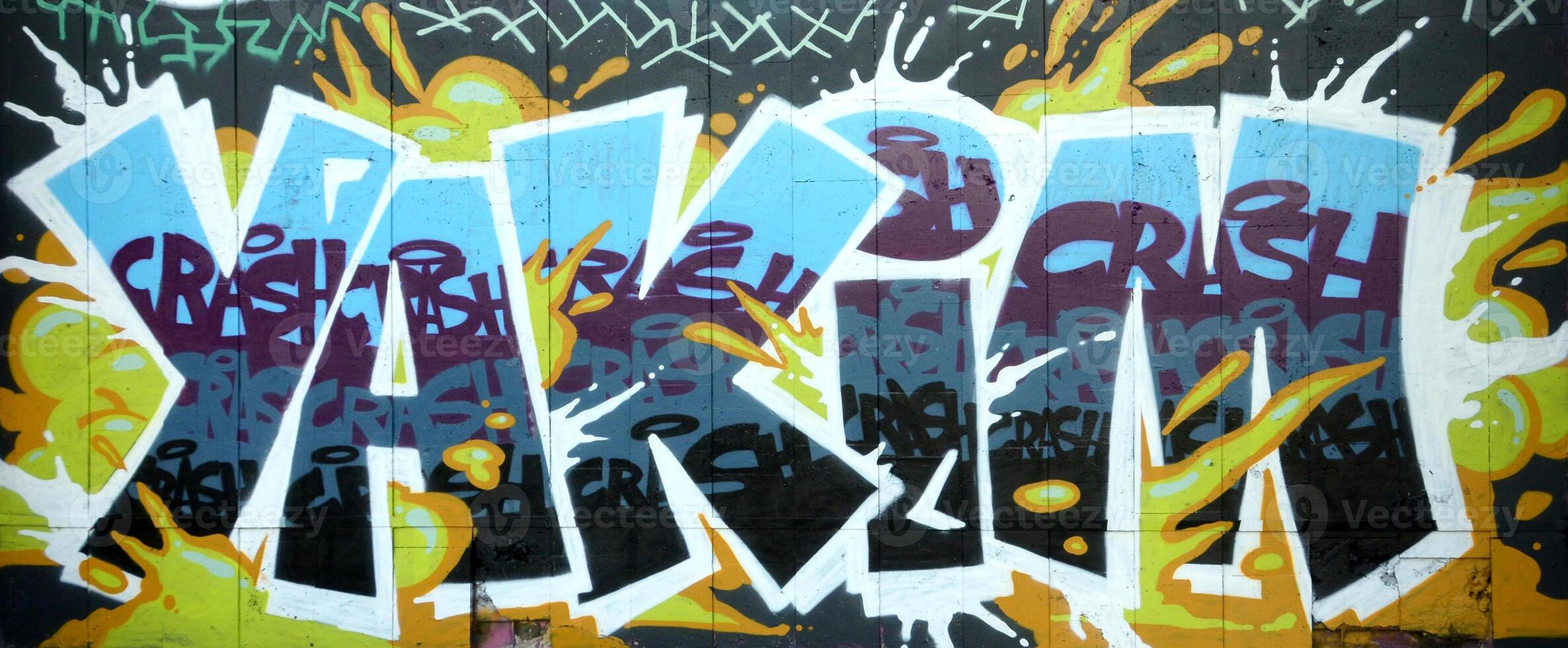 Colorful background of graffiti painting artwork with bright aerosol outlines on wall. Old school street art piece made with aerosol spray paint cans. Contemporary youth culture photo