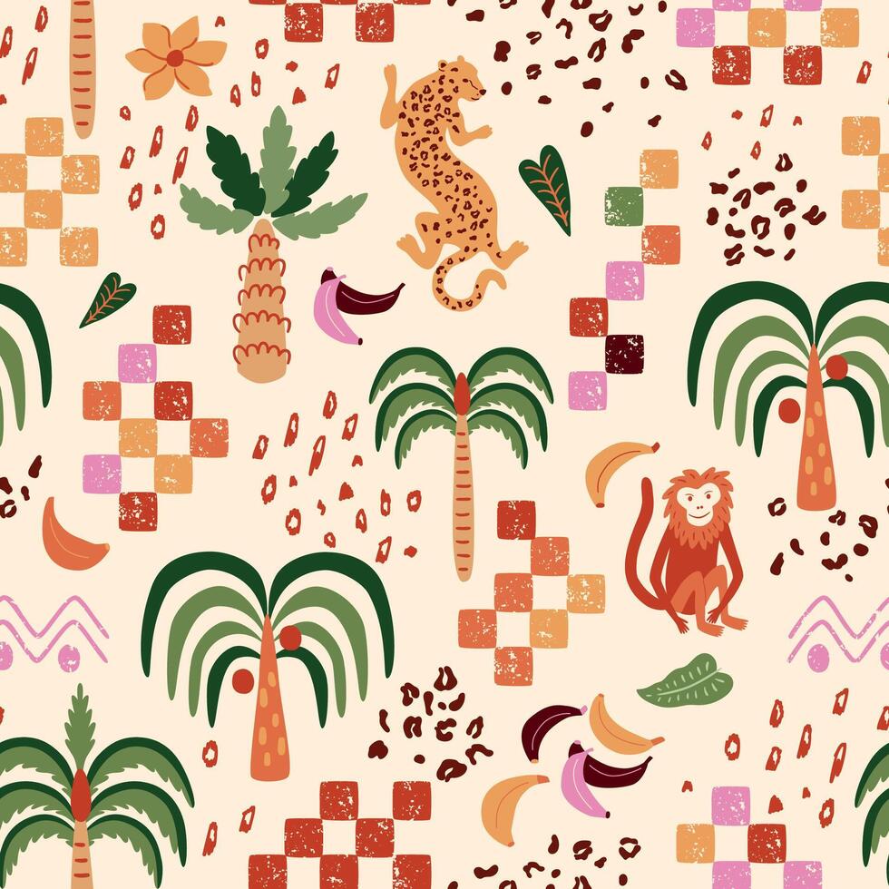 Checkered tropical summer vacation seamless pattern with cute jungle palm tree, leopard, monkey. Cute jungle print. Retro chess repeat background pattern. Organic fabric, textile design. vector