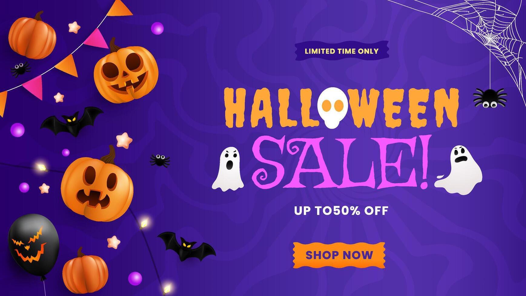 Cheerful Halloween sale backdrop featuring pumpkins, spiders, bats, flags, and a glowing fiesta lamp. Perfect for a party flyer or invitation template. EPS 10 illustration. vector