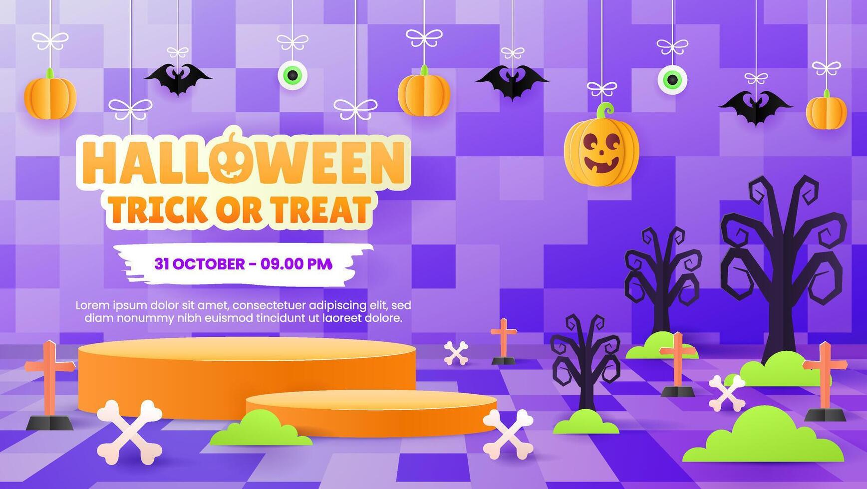 Spooky Halloween Sale Promotion Poster Template with Podium, Pumpkins, Ghost and Bat. Perfect for Website or Banner Use. Illustration, EPS 10. vector