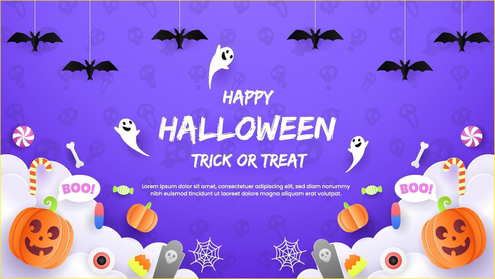 Happy halloween greeting card with elements pumpkins, spiders, bats, flags, and candy. Perfect for a party flyer or invitation template. EPS 10 illustration. vector