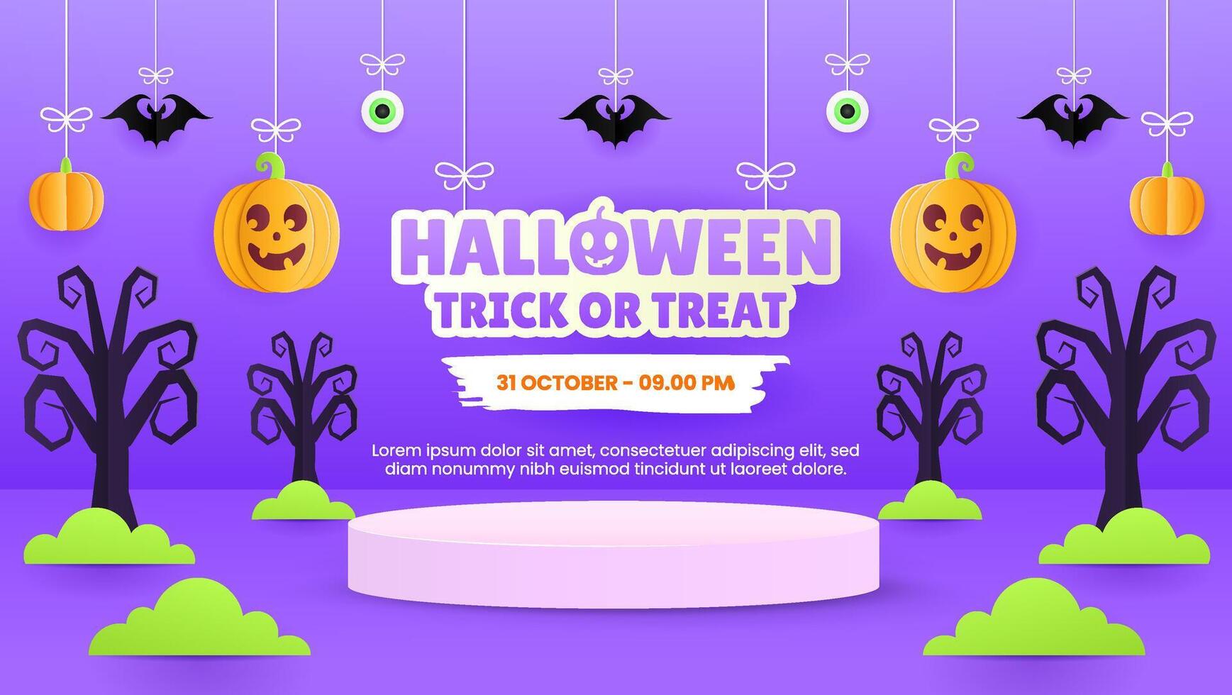 Halloween greeting card template with podium is suitable for flyers and banners with attractive hanging halloween design elements. EPS 10 vector
