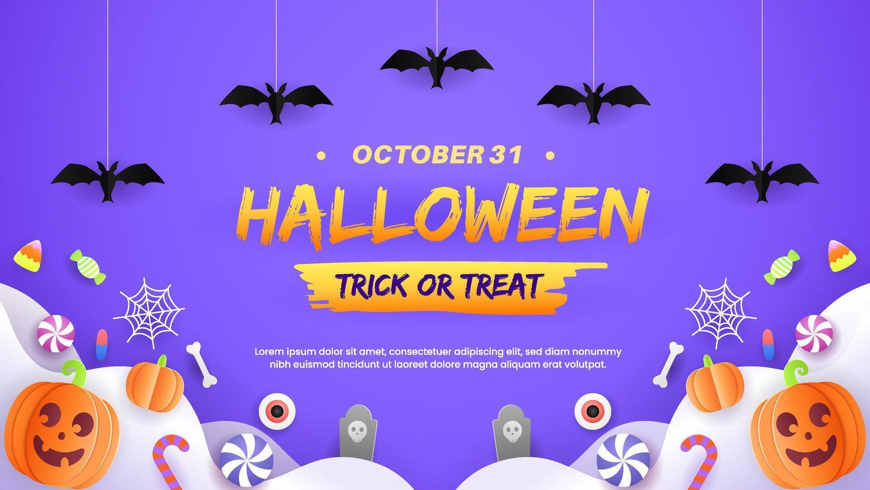 Happy halloween greeting card with elements pumpkins, spiders, bats, flags, and candy. Perfect for a party flyer or invitation template. EPS 10 illustration. vector