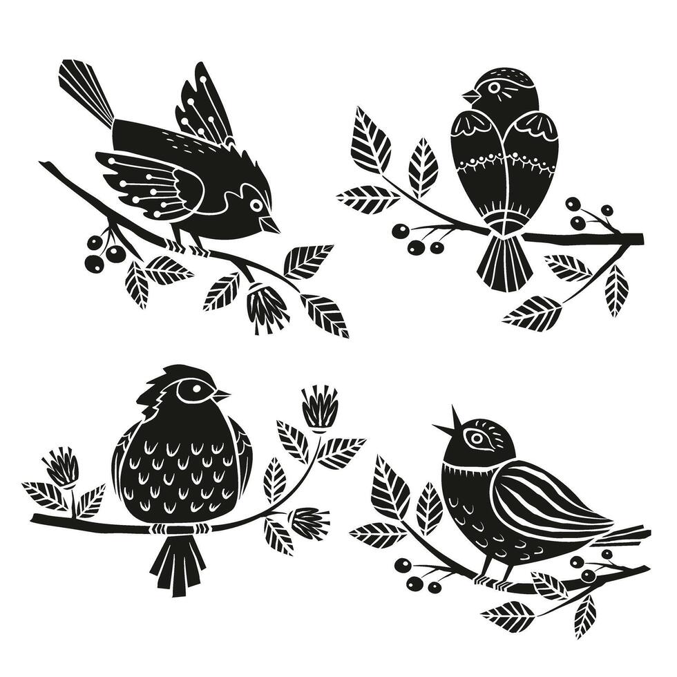 Set of silhouettes of a spring bird sitting on a branch with flowers and berries in linocut style. Folk birds illustration vector