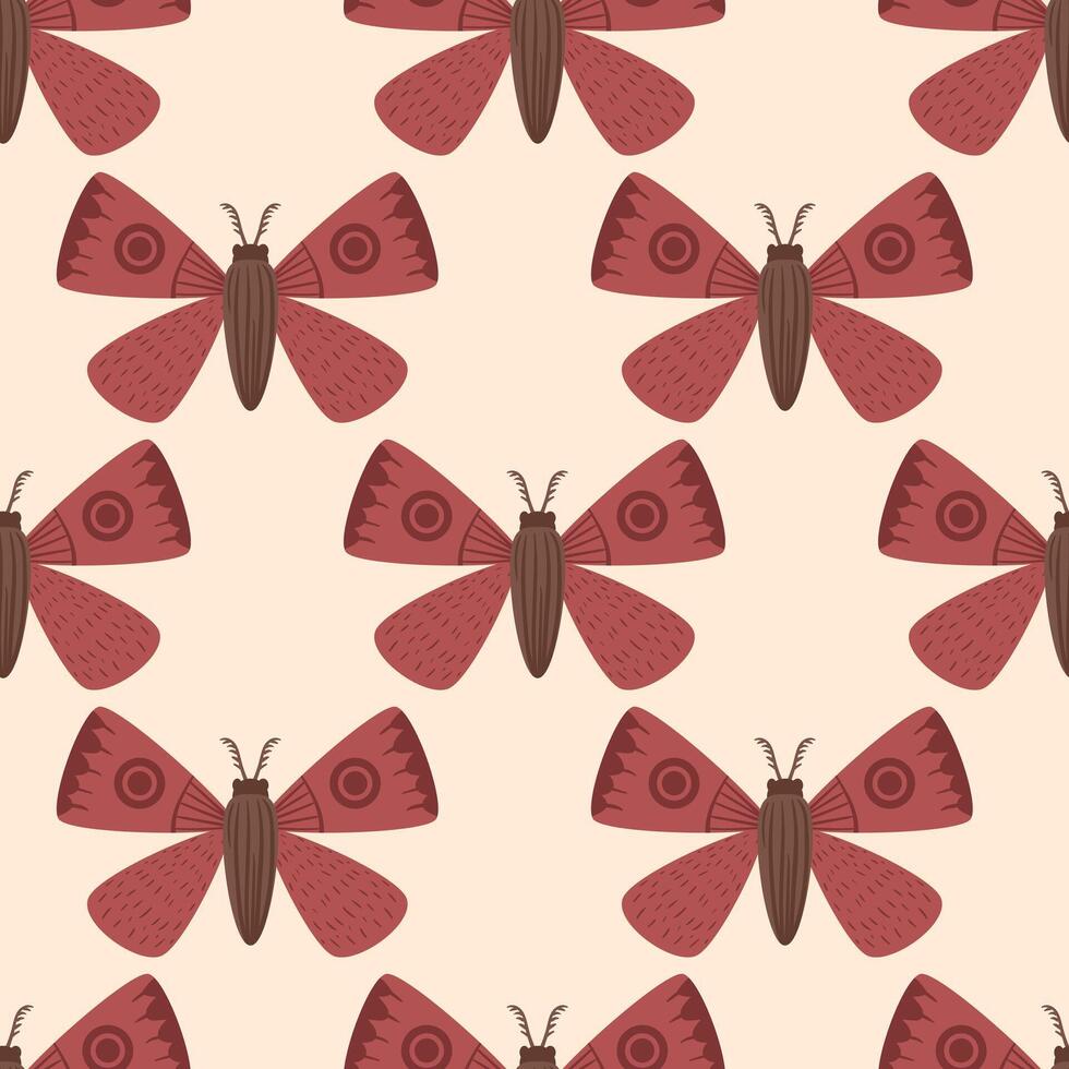 Seamless pattern with autumn cute and cozy design elements. Factory pattern with red night butterflies moths in warm colors isolated on beige background vector