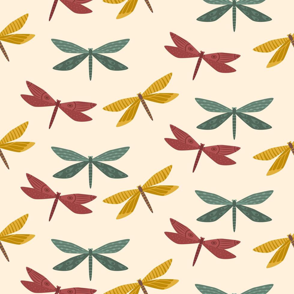 Seamless pattern with Autumn cute and cozy design elements. Factory pattern with dragonflies in warm shades vector