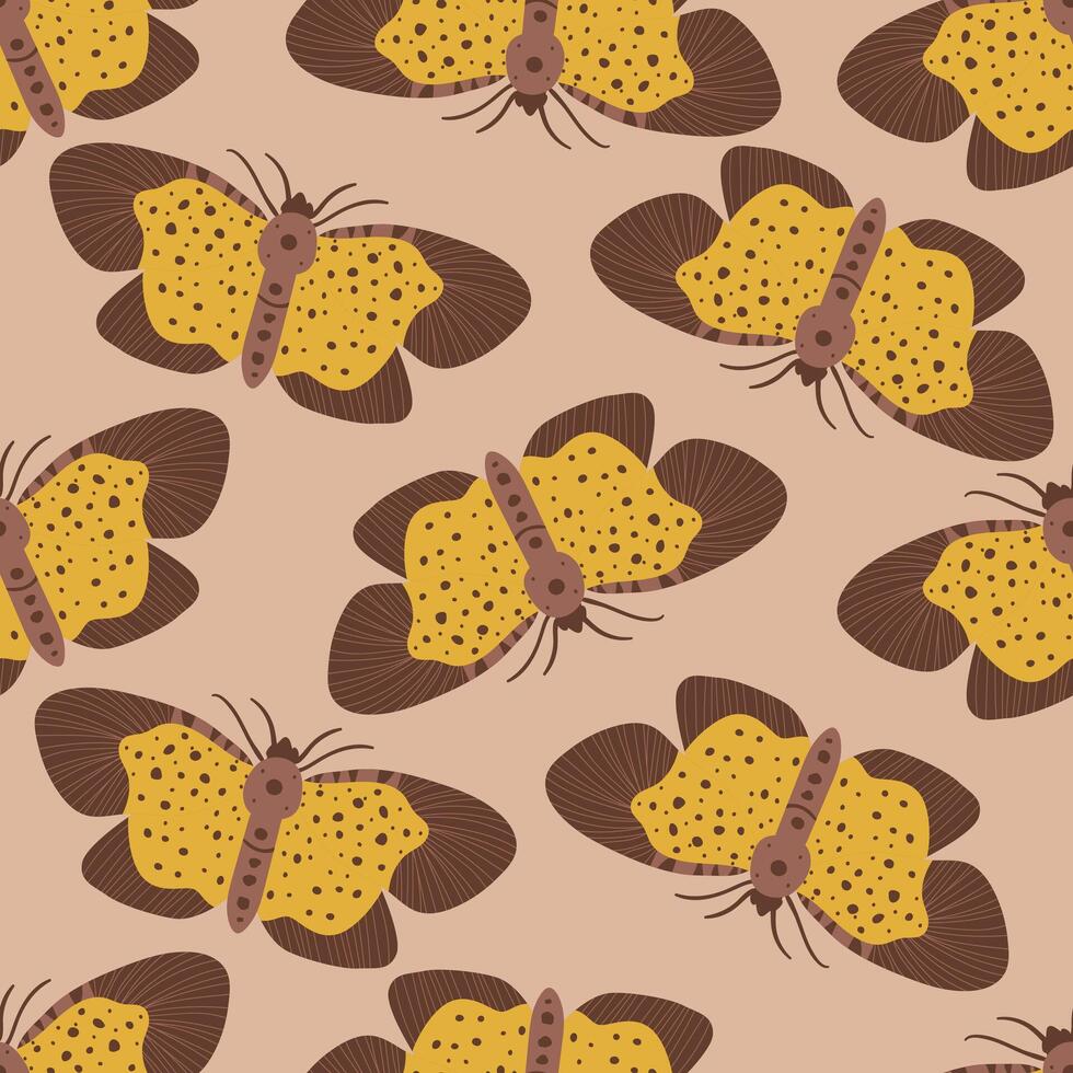 Seamless pattern with autumn cute and cozy design elements. Factory pattern with yellow night butterflies moths in warm colors isolated on beige background vector