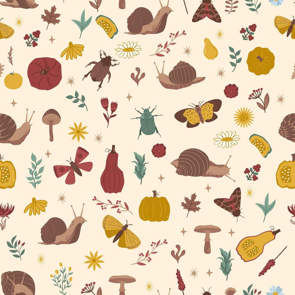 Seamless pattern with Autumn cute and cozy design elements. Factory pattern with snails, leaves and mushrooms in warm shades vector