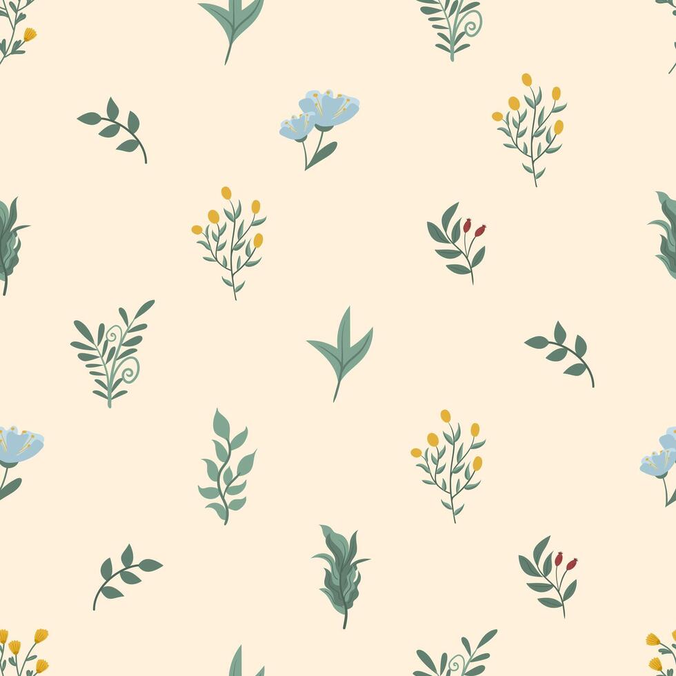 Seamless pattern with Autumn cute and cozy design elements. Factory pattern with foliage and plants in warm shades vector