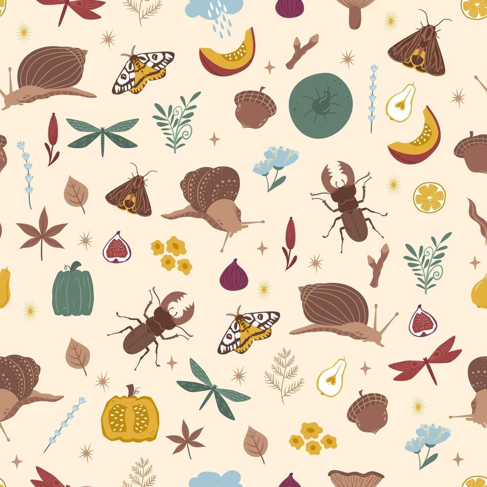 Seamless pattern with Autumn cute and cozy design elements. Factory pattern with snails, leaves and mushrooms in warm shades vector