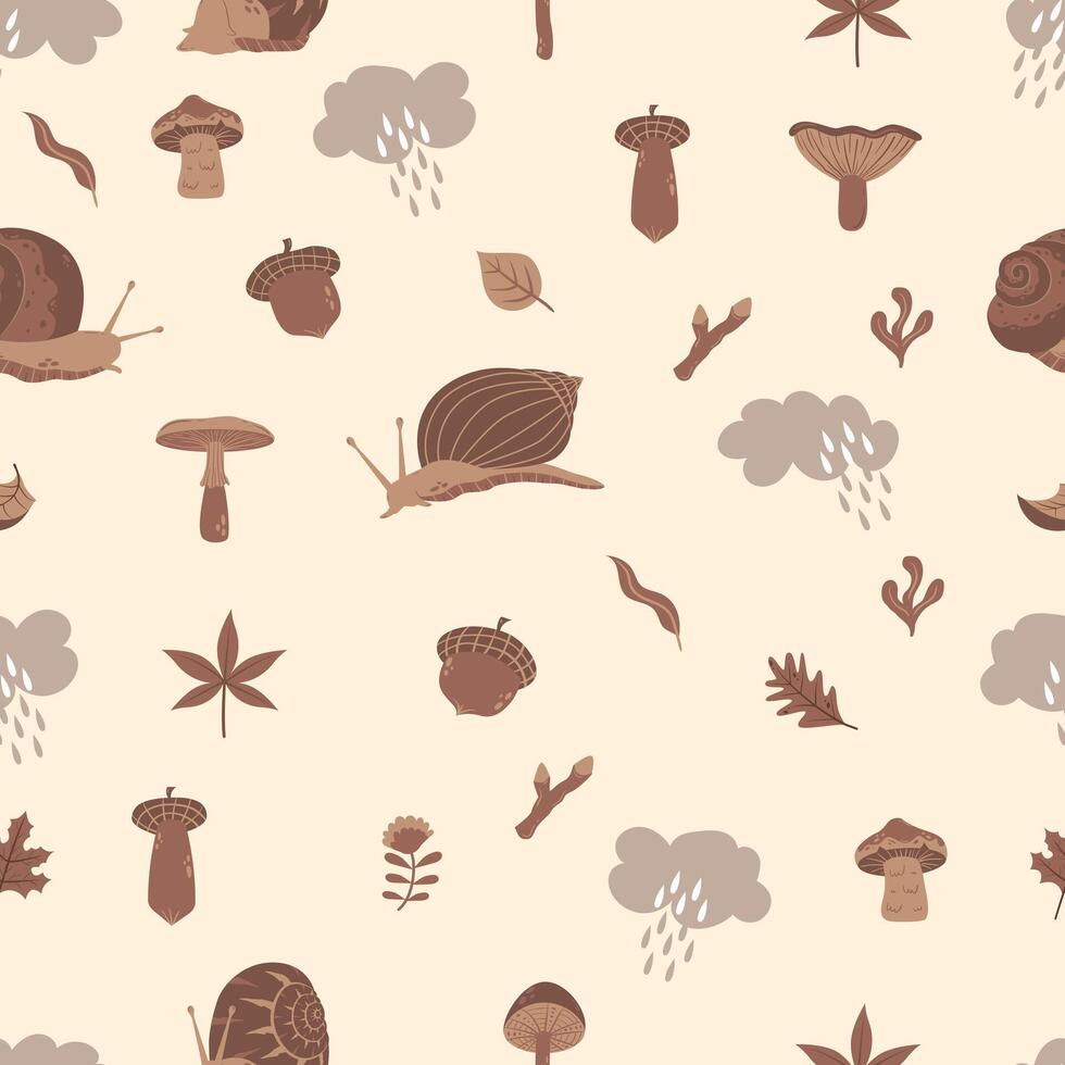 Seamless pattern with Autumn cute and cozy design elements. Factory pattern with snails, leaves and mushrooms in warm shades vector