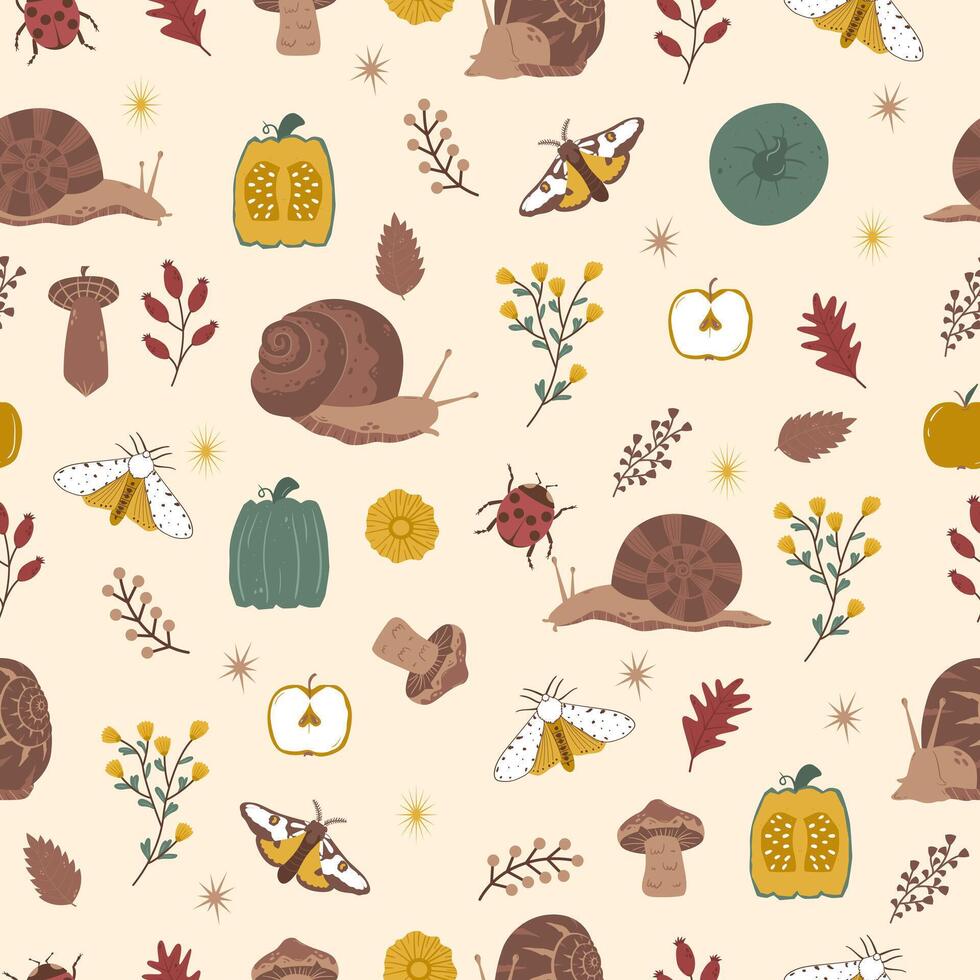 Seamless pattern with Autumn cute and cozy design elements. Factory pattern with snails, leaves and mushrooms in warm shades vector