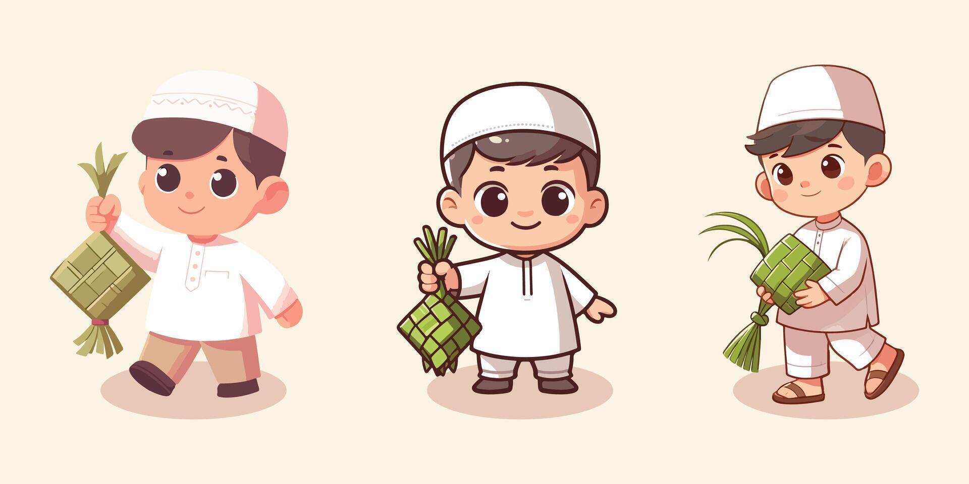 Collection of moslem kids holding ketupat vector