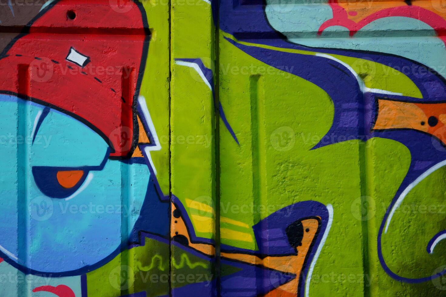 Colorful background of graffiti painting artwork with bright aerosol outlines on wall. Old school street art piece made with aerosol spray paint cans. Contemporary youth culture photo