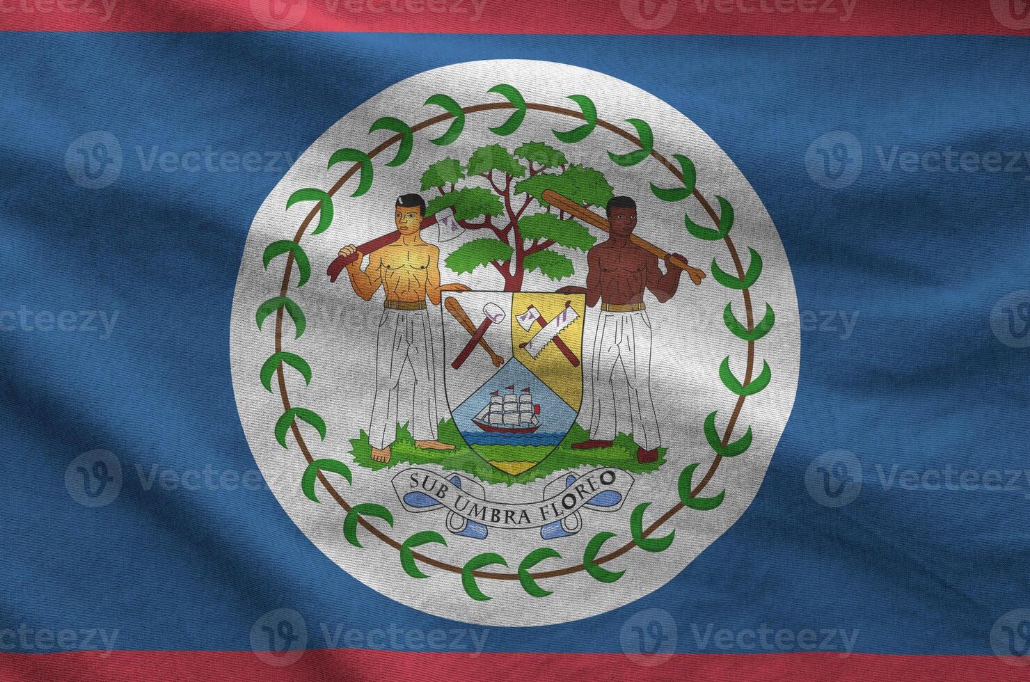 Belize flag depicted on folded wavy fabric of old cloth photo