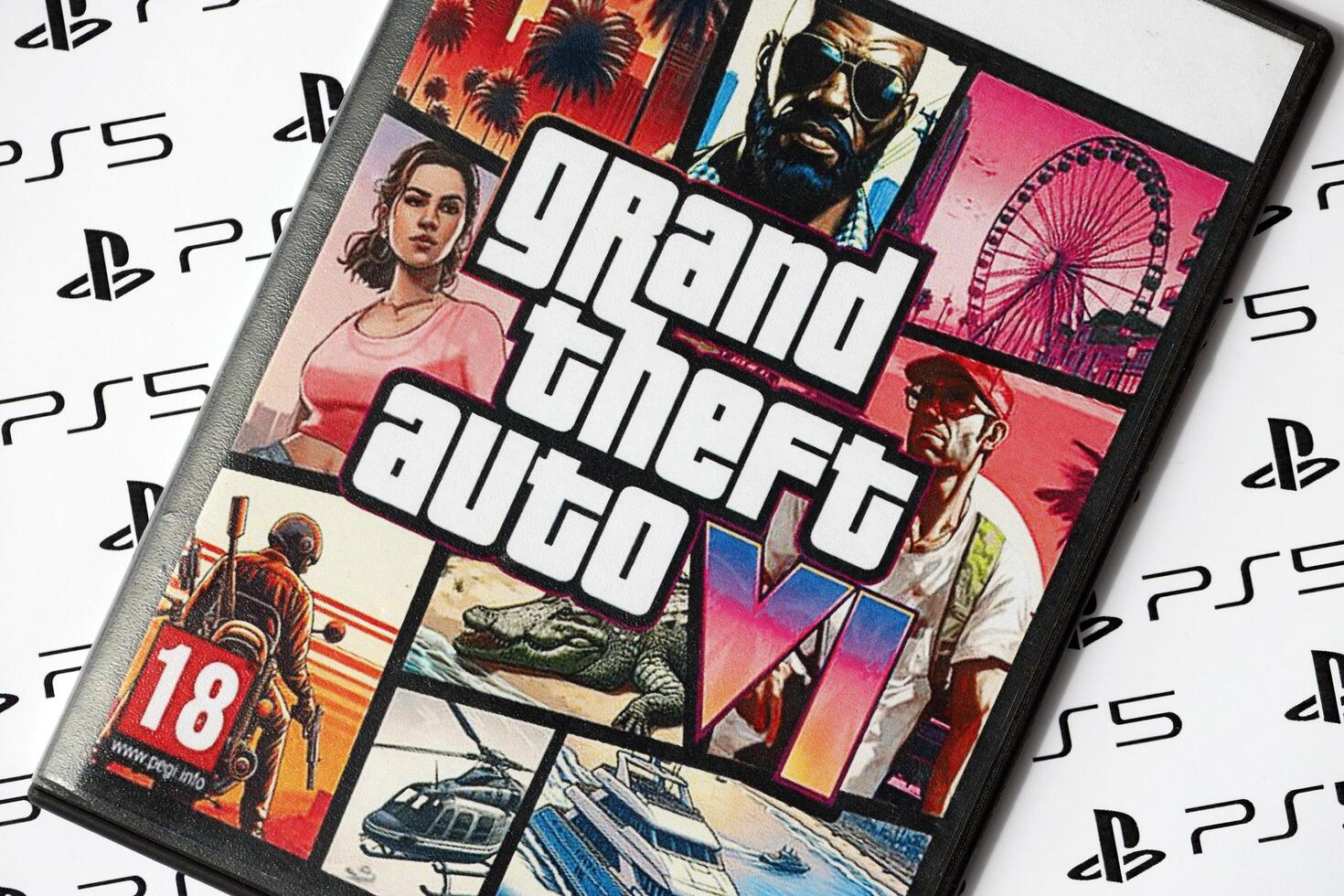 KYIV, UKRAINE - JUNE 26, 2024 Grand Theft Auto 6 PS5 game disc box for console gaming. Fictional fan-made game disc pack cover photo