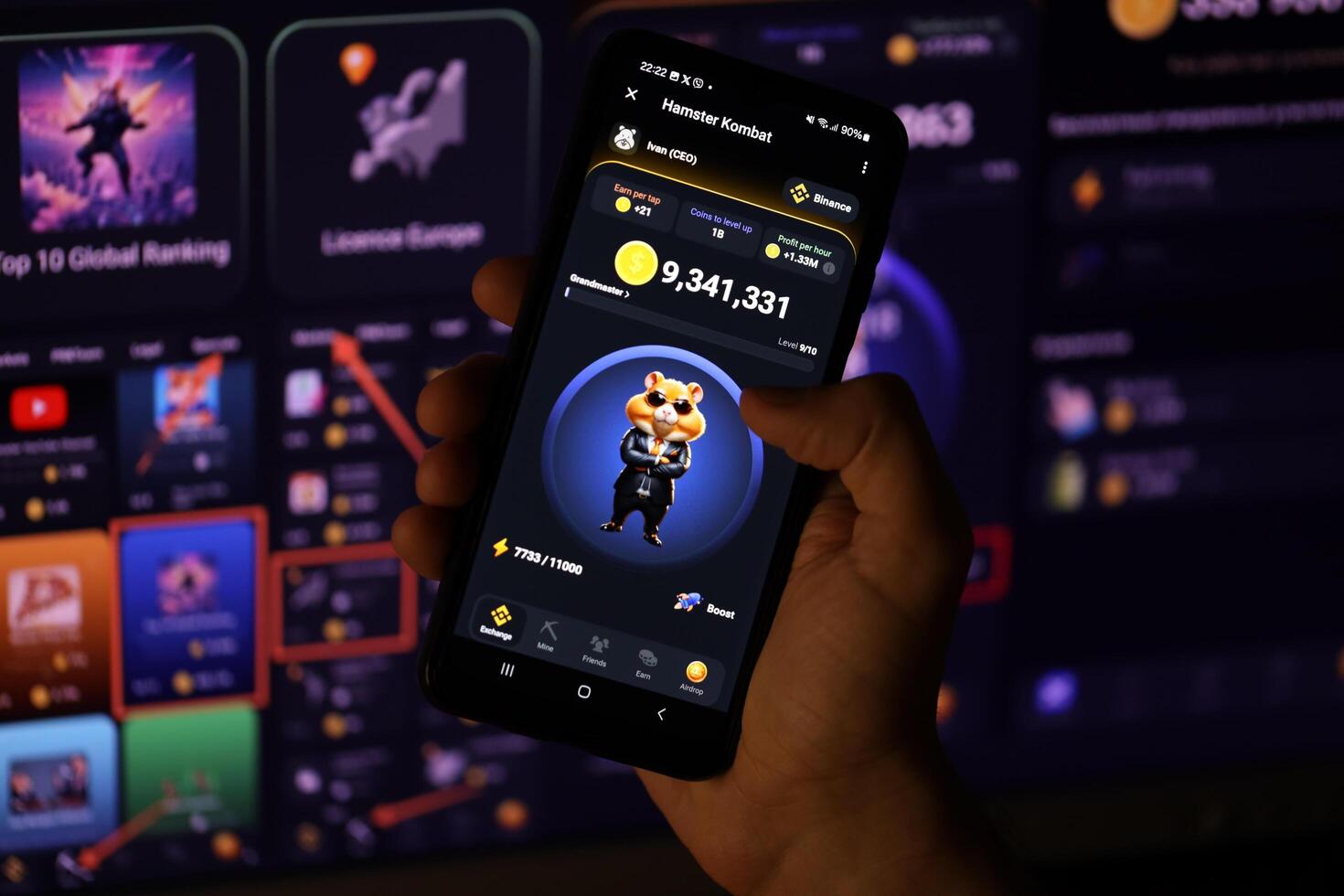 KYIV, UKRAINE - APRIL 20, 2024 Hamster Kombat telegram bot on smartphone screen. Hamster Kombat is a viral Telegram-based crypto game for earn HMSTR tokens by managing virtual crypto exchange photo