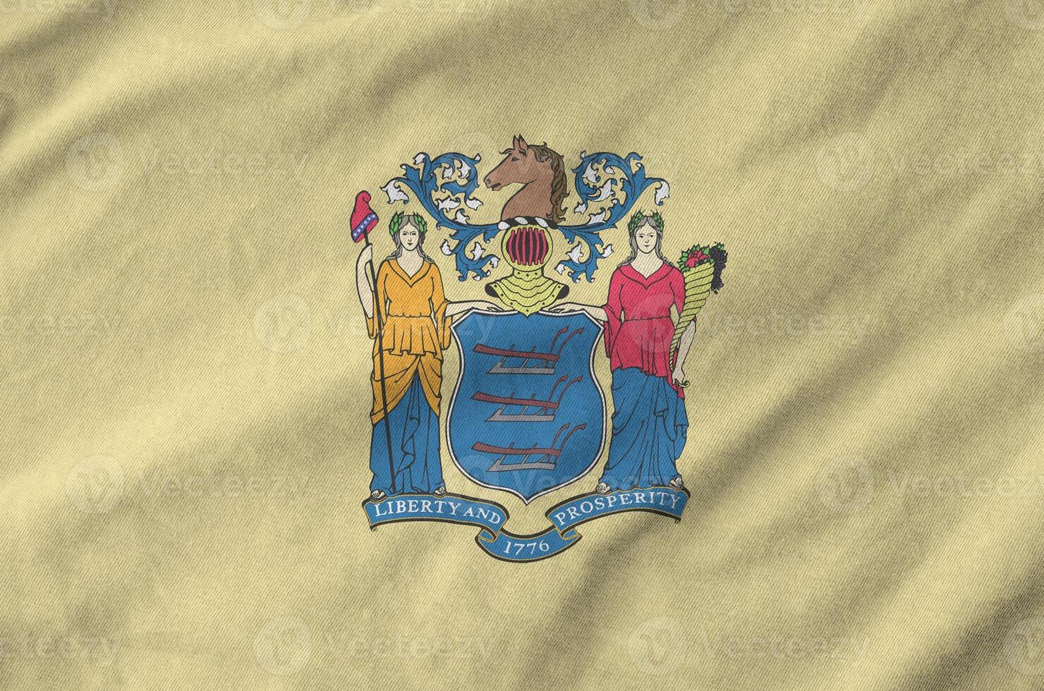 New Jersey US state flag depicted on folded wavy fabric of old cloth photo