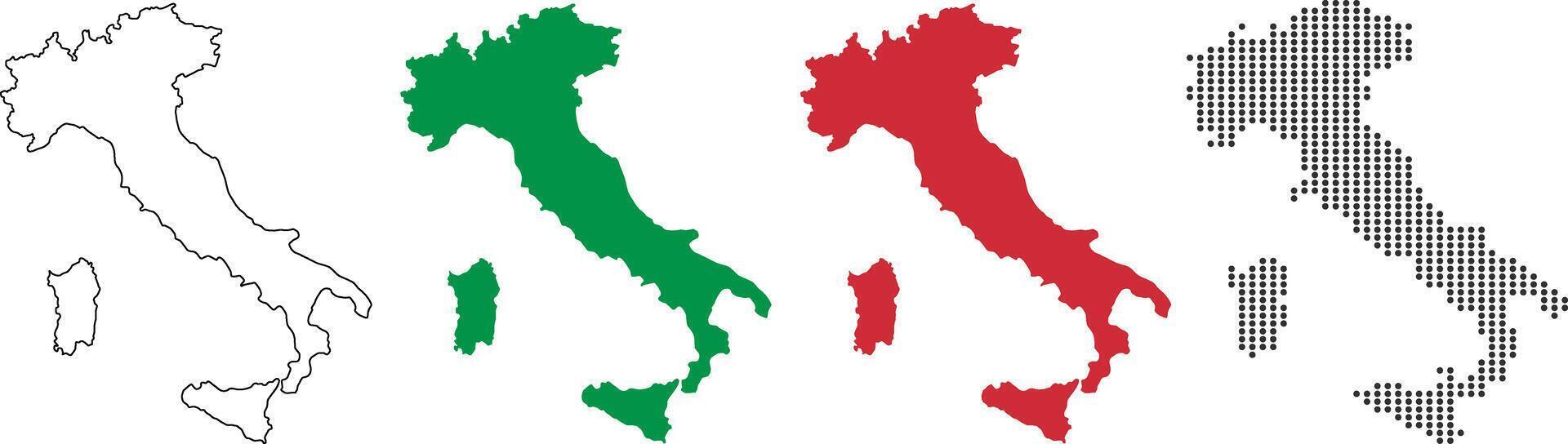 Italy map in various style outline, green, red, and dotted. vector