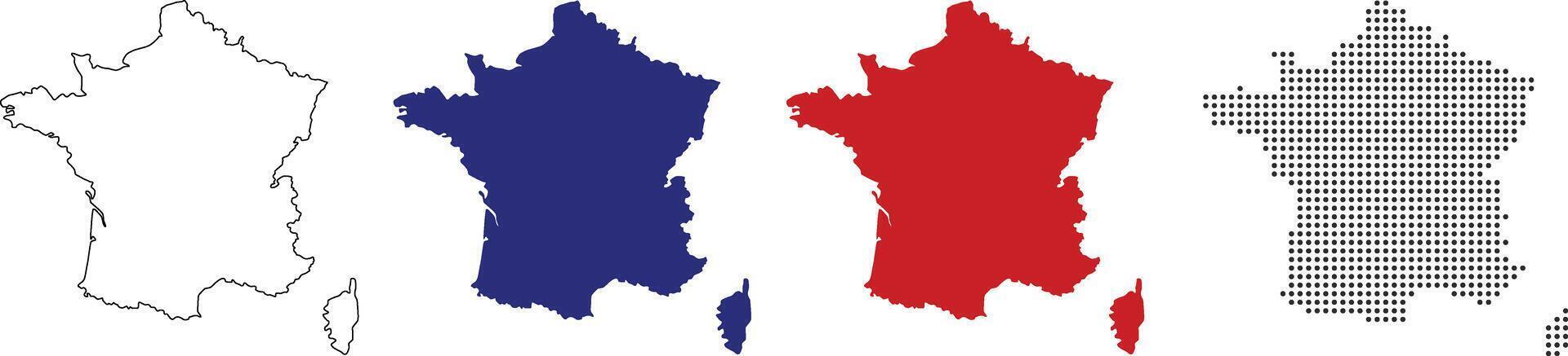 France map in various style outline, blue color, red color, dotted vector
