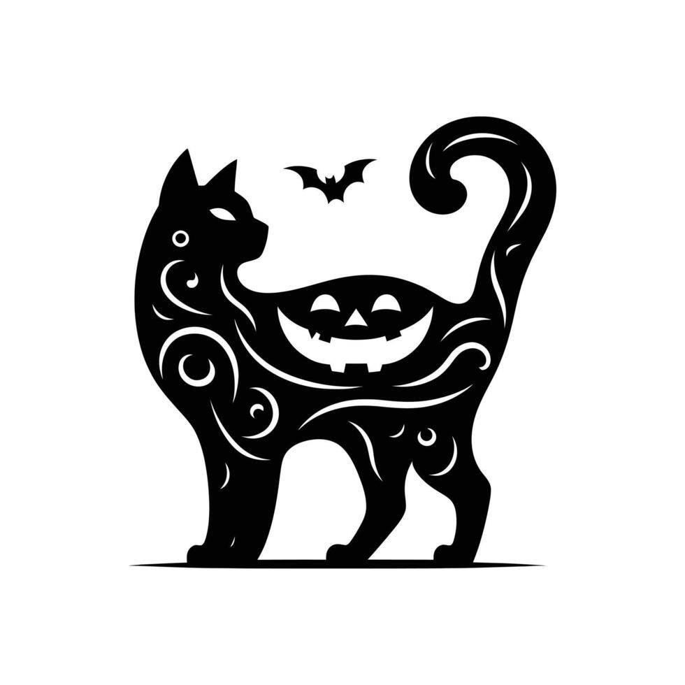 Spooky Halloween Silhouette , Black Cat, Bats, Crescent Moon, and Pumpkin Cauldron Illustration vector