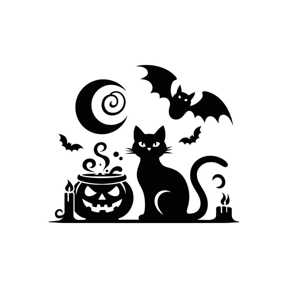 Halloween Silhouette Illustration, Black Cat, Flying Bats, Jack-o'-Lantern, and Cauldron Design vector