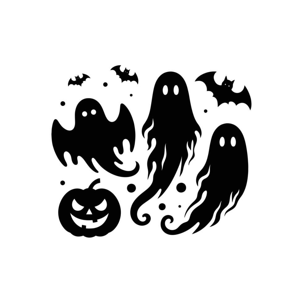 Halloween Ghost Silhouettes Art with Bats, Pumpkin, and Spooky Decorations vector