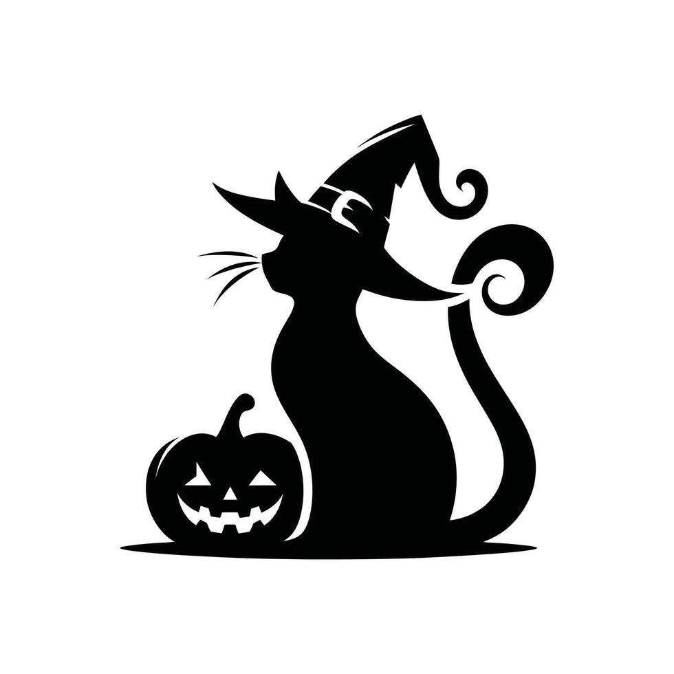 Halloween Silhouette Illustration, Black Cat, Flying Bats, Jack-o'-Lantern, and Cauldron Design vector