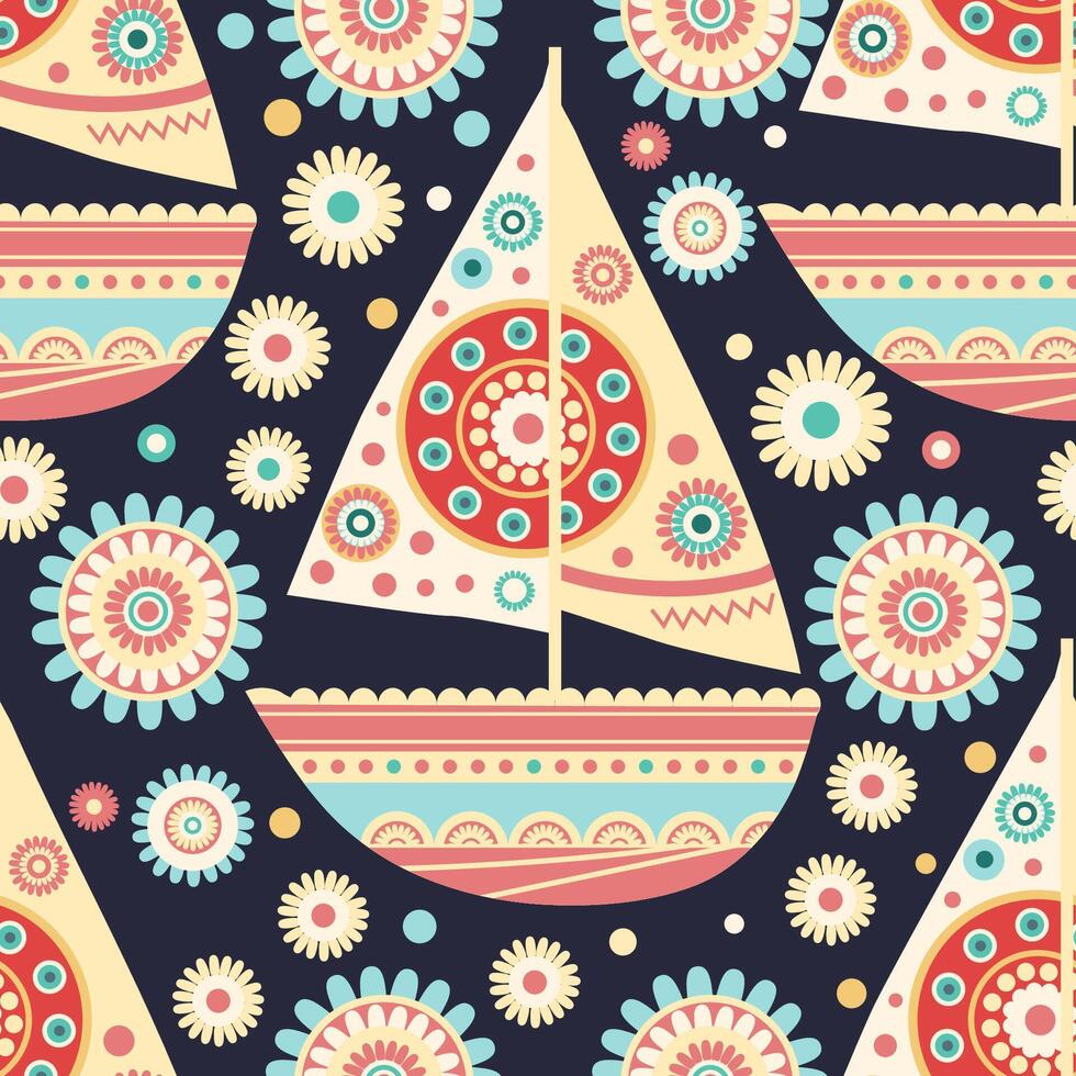 white sailboat in an ornament on a dark background vector