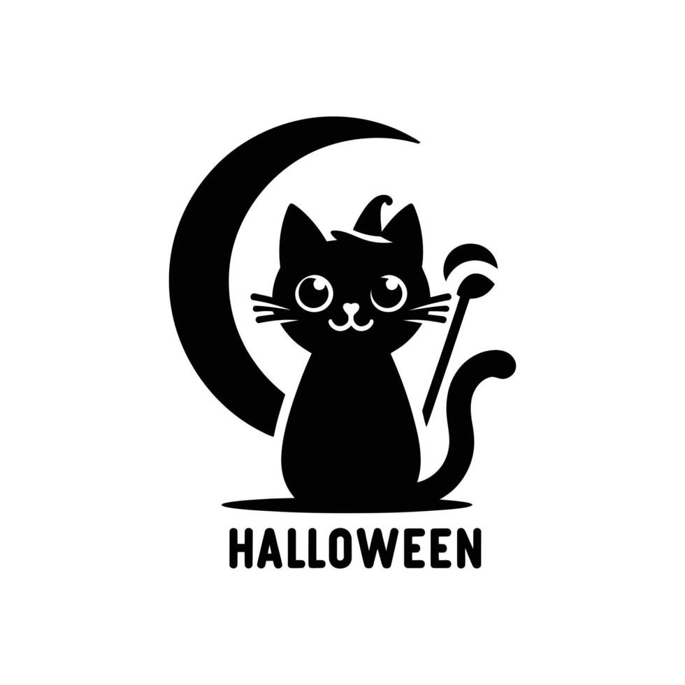 Spooky Halloween Silhouette , Black Cat, Bats, Crescent Moon, and Pumpkin Cauldron Illustration vector