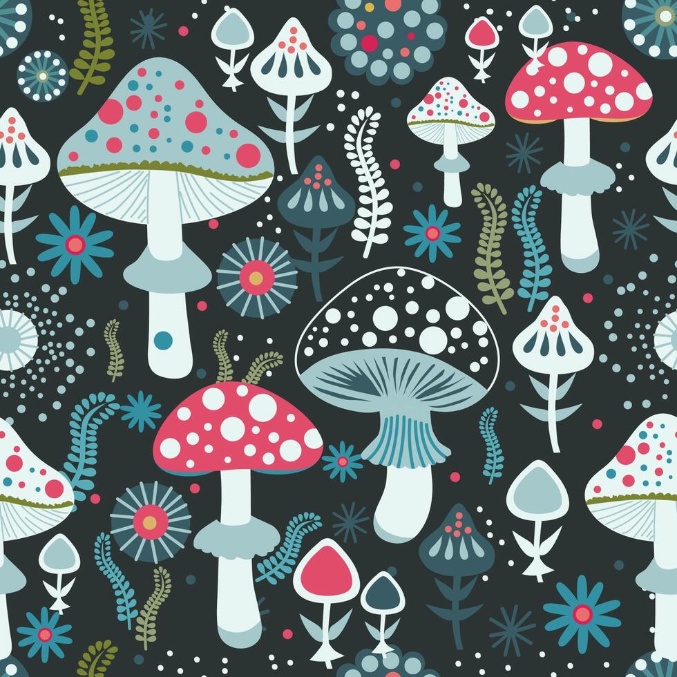 colored magic mushrooms surrounded by flower vector