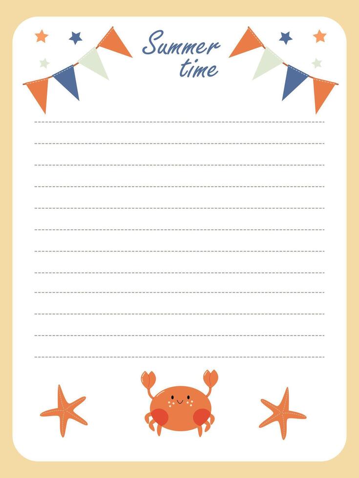 page template for diary entries with a funny crab and starfish vector