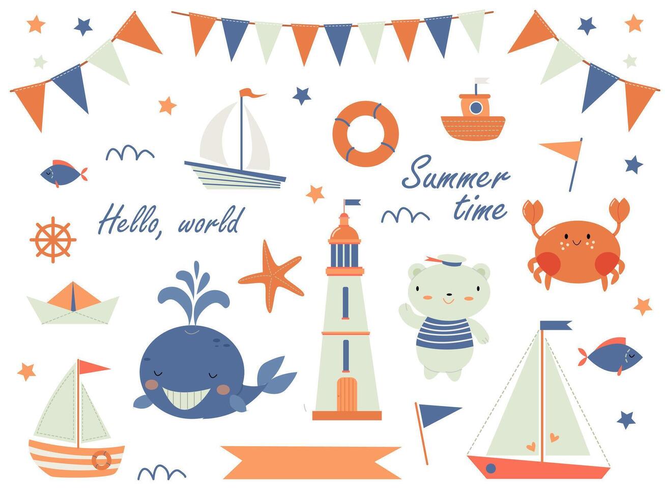 A large set of cute children's elements on the sea theme with ships, a bear and various decor vector