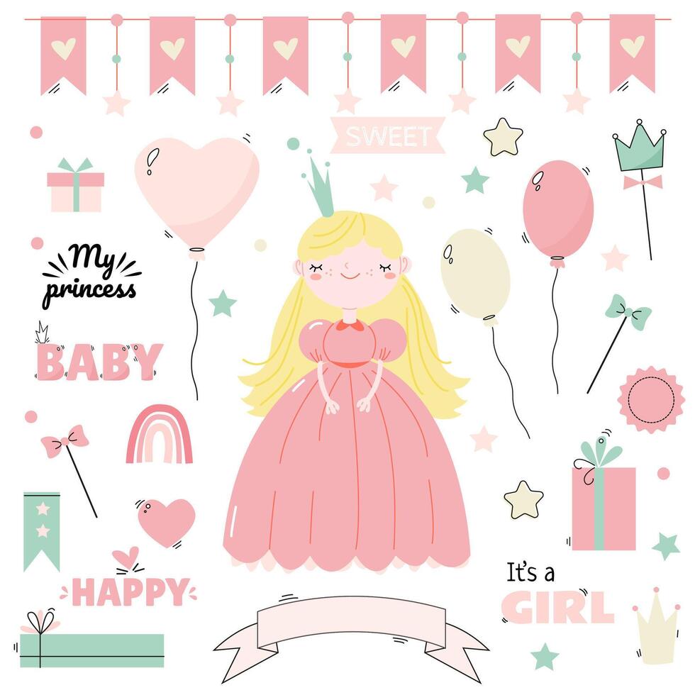 cute set of elements for a girl with a princess in pink color vector