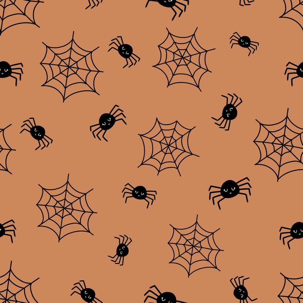 Seamless pattern with spider web and spiders. Cute halloween pattern in hand drawn cartoon style. Traditional halloween pattern for design vector