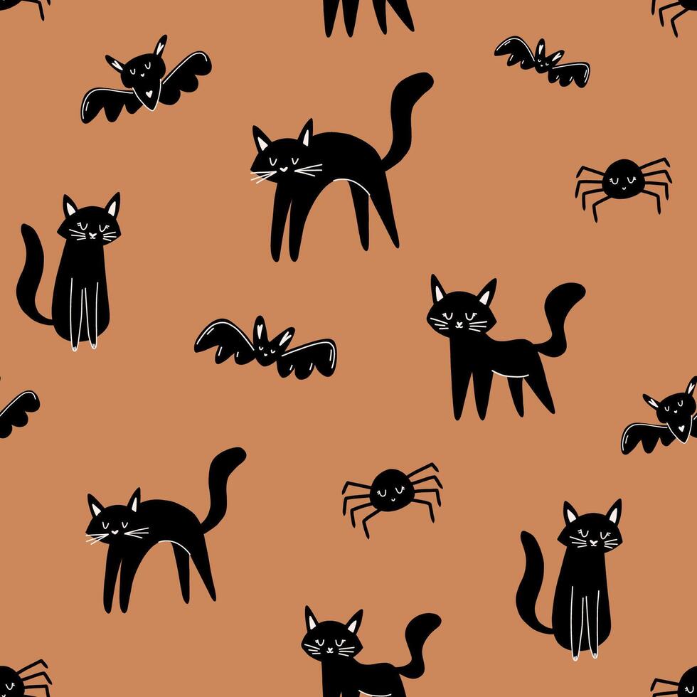 Seamless pattern with cats and bats. Cute halloween pattern in hand drawn cartoon style. Magic illustration with spiders, black cats, bats vector