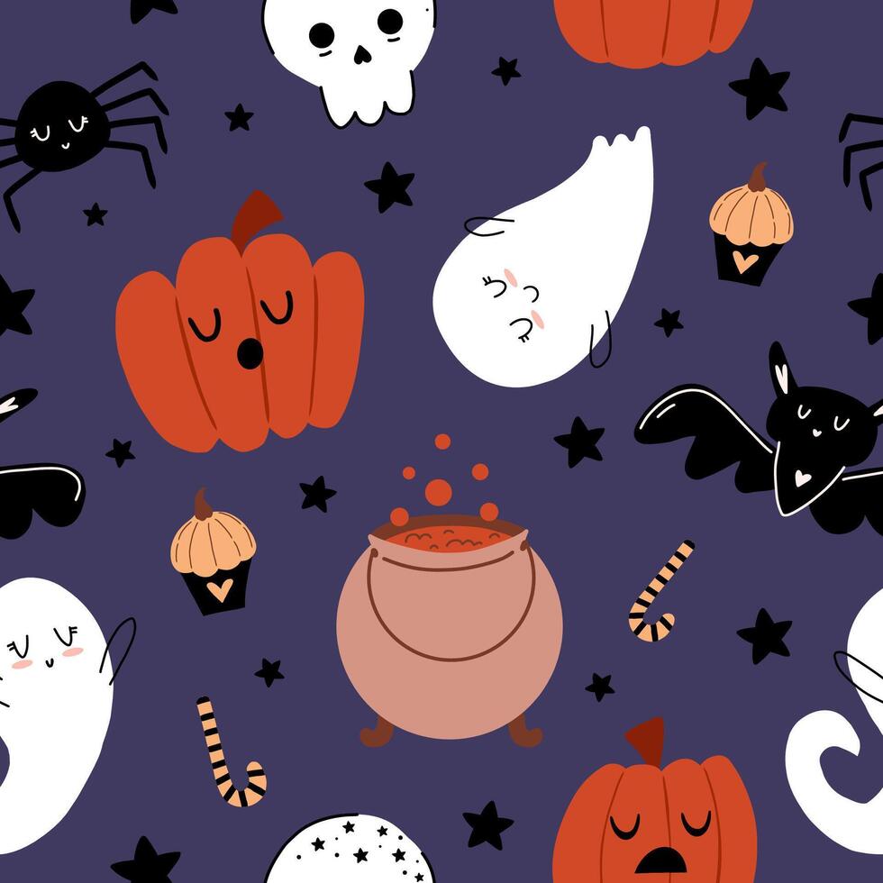 Seamless pattern with halloween attributes. Cute halloween pattern in hand drawn cartoon style. Magic illustration with pumpkins, cauldron, potion, spider, bat, stars, skull vector