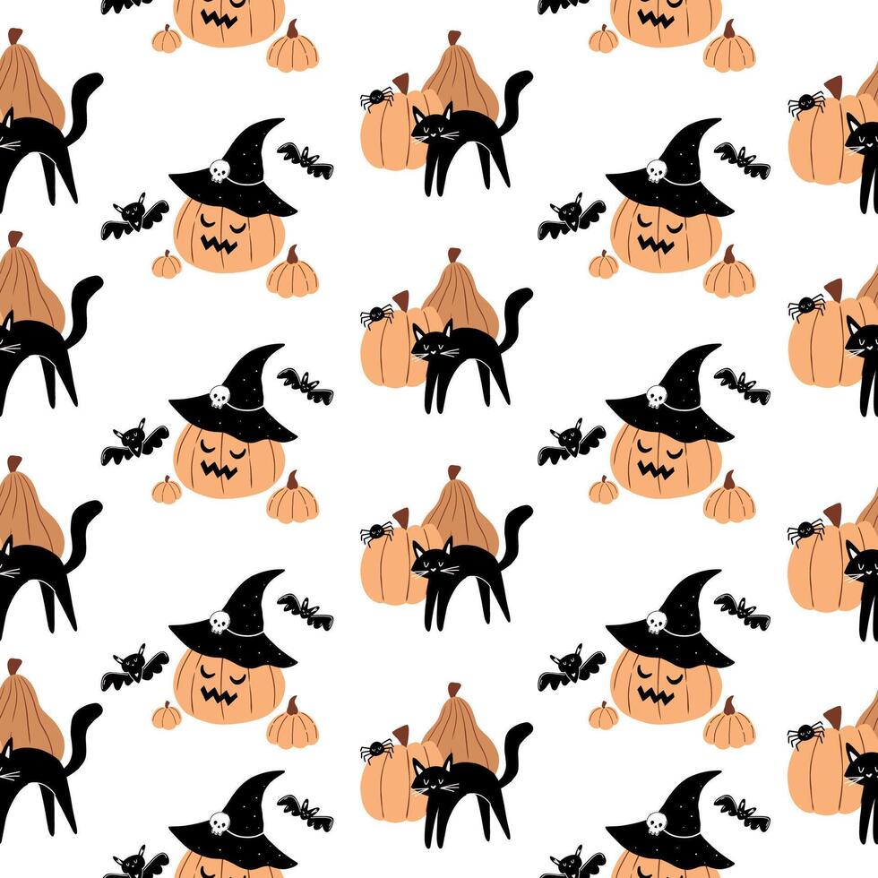 Seamless pattern with cats and pumpkins. Cute halloween pattern in hand drawn cartoon style. Magic illustration with pumpkins, cats, bats vector
