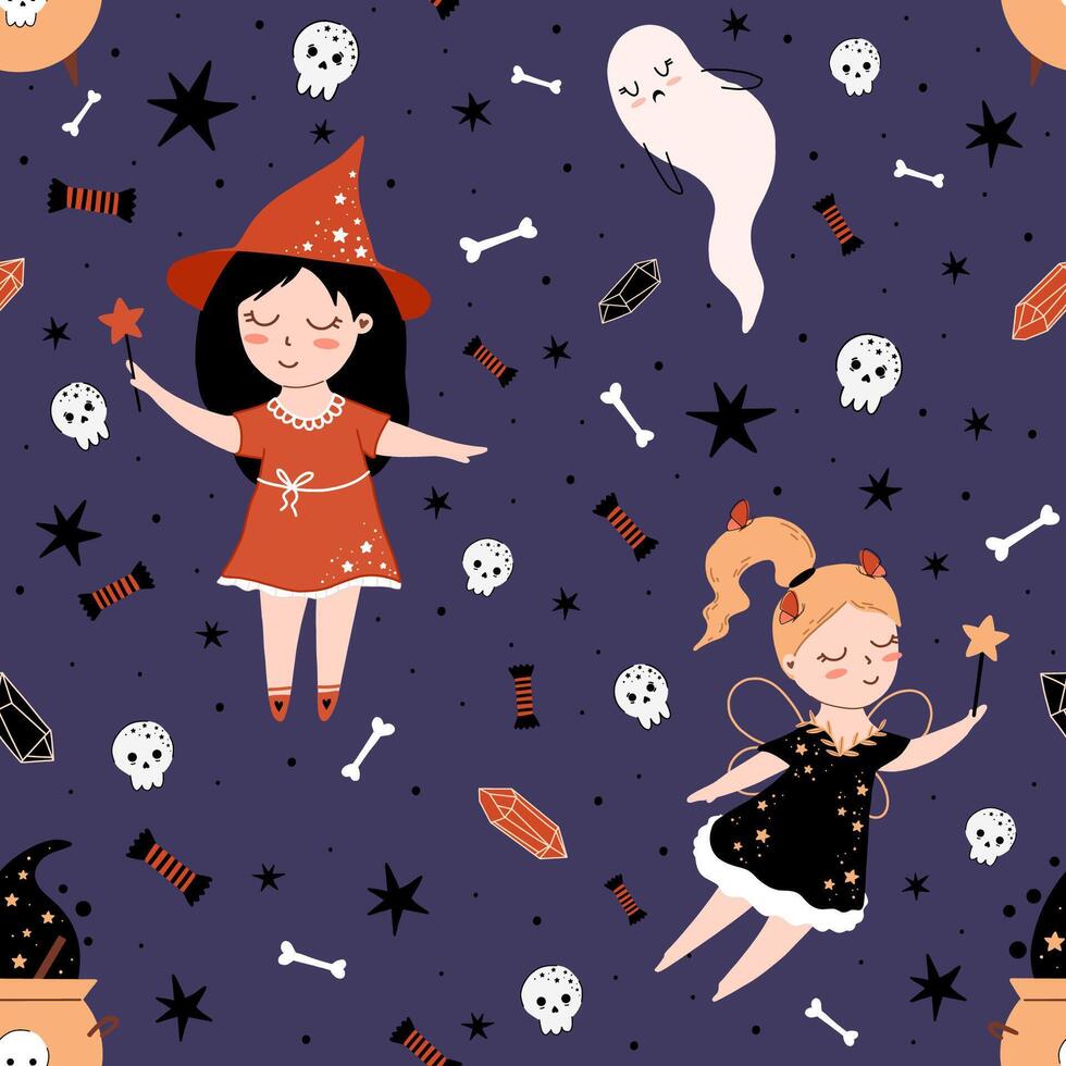 Seamless pattern with little girls in witch and fairy costumes. Cute halloween pattern in hand drawn cartoon style. Magic illustration with cauldron, potion, skull, stars, candy, bones vector