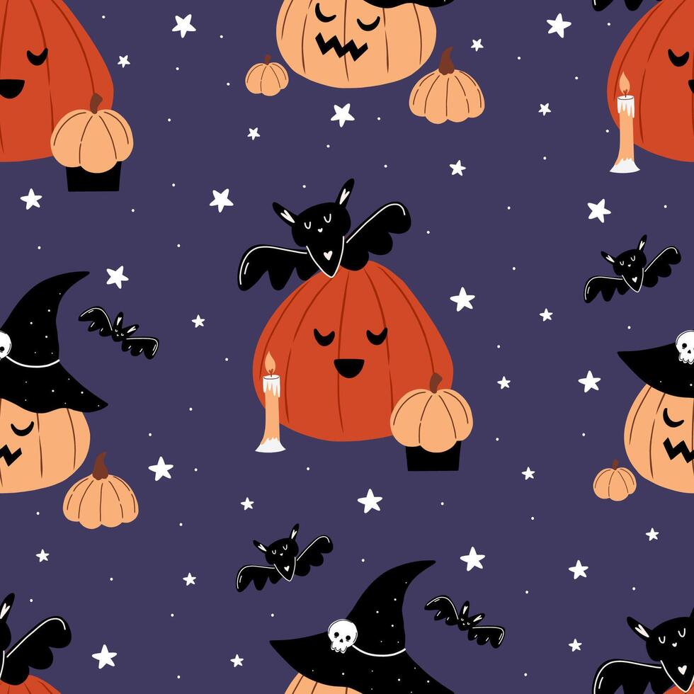 Seamless pattern with pumpkins. Cute halloween pattern in hand drawn cartoon style. Magic illustration with pumpkins, candle, bats and stars vector