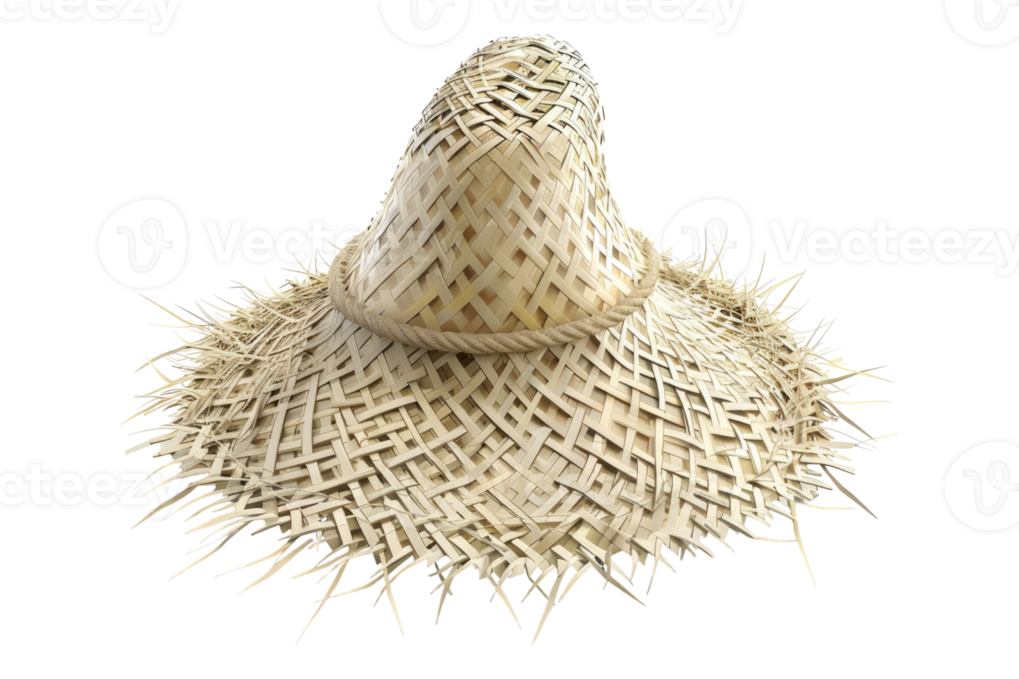 White bamboo straw hat isolated on transparent background. png