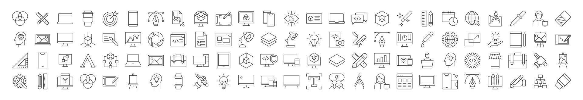 Signs of programming, coding, web design, engineering for Shops and Stores. Suitable for books, stores, shops. Editable stroke in minimalistic outline style. Symbol for design vector