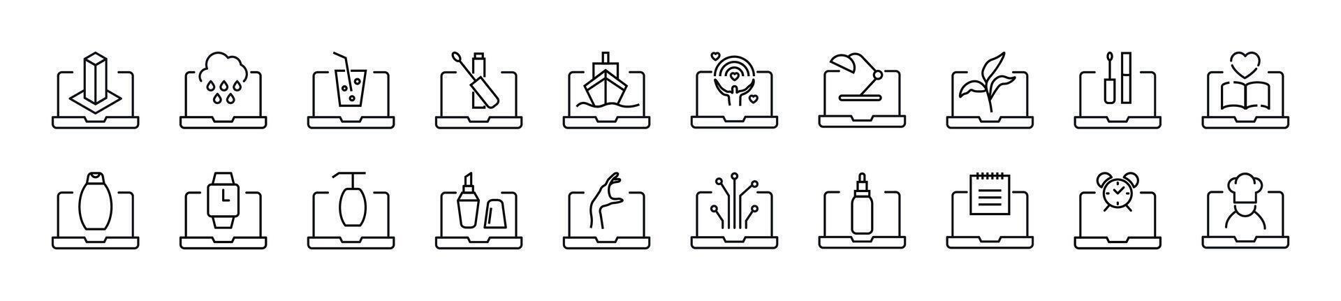 Items on laptop linear icons collection. Editable stroke. Simple linear illustration for web sites, newspapers, articles book vector